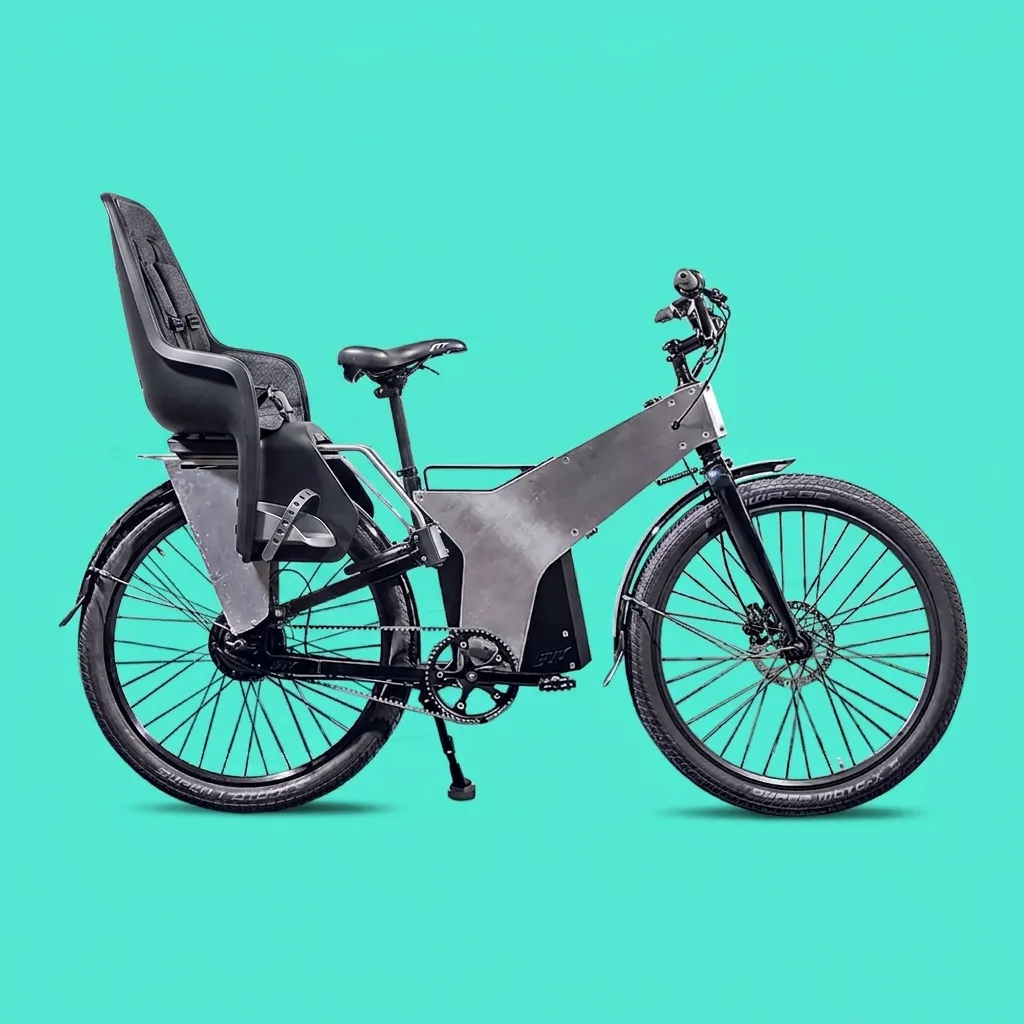 Side view of the England-designed ETT e-bike with a rear child seat fitted